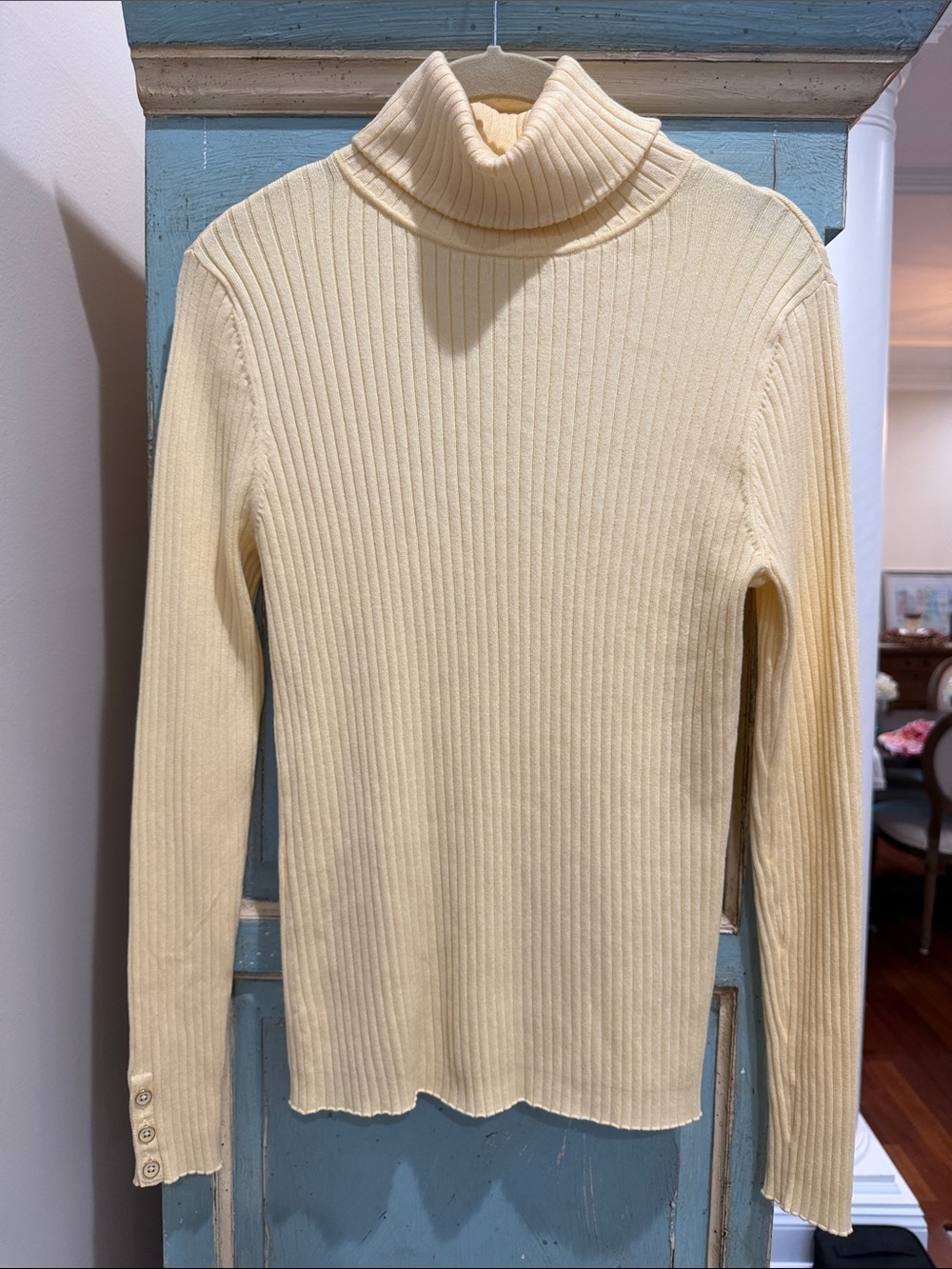 J.McLaughlin Arlette Ribbed Turtleneck Sweater Soft Yellow Gold Button Cuff L
